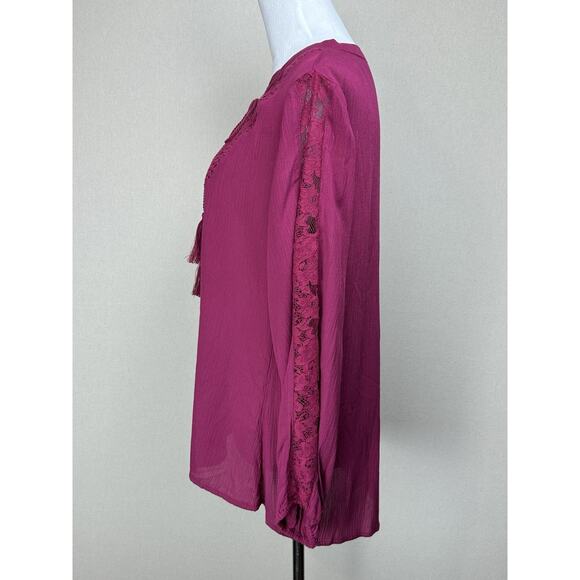 Passports Women’s Top Sz M Baby Doll Peasant Boho Lace Up Tie Neckline - Picture 6 of 14